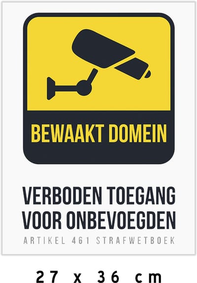Pictogram/ bord | "Bewaakt domein - Geen toegang voor onbevoegden - Art. 461 Strafwetboek" | 27 x 36 cm | CCTV | Camerabewaking | Toezicht | Videobewaking | Camera | Geel | U wordt gefilmd | Kunststof | 1 stuk