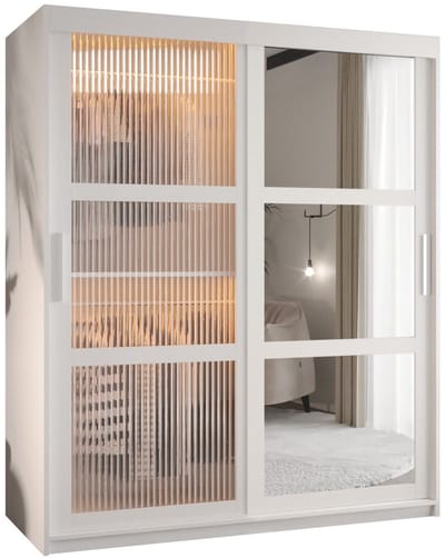 Zweefdeurkast Kledingkast met 2 schuifdeuren glanzen slaapkamerkast Kledingstang met planken Garderobekast met geribbeld glas - ARTON 2 (150 cm, Wit)