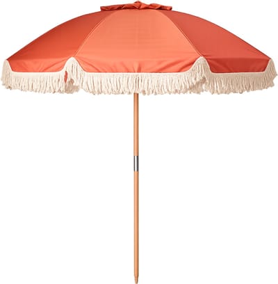 HIXA Parasol - Houten paal - Stokparasol - Terra Bruin - 180CM - Strandparasol - met Franjes - Tuin Accessoires - Balkon parasol - Bohemian - Ibiza - Stokdiameter 3cm - CHARLIE