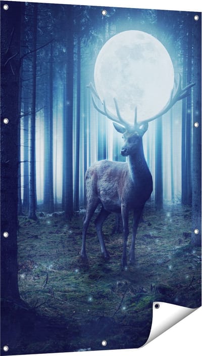 Gards Tuinposter Hert in het Bos tijdens Volle Maan - 80x120 cm - Tuindoek - Tuindecoratie - Wanddecoratie buiten - Tuinschilderij