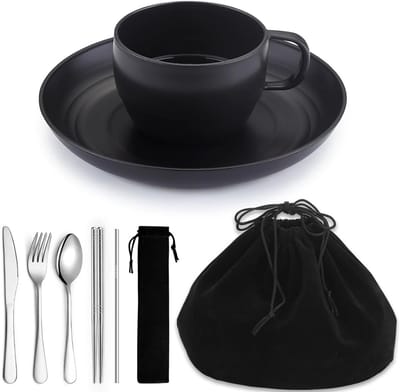 Famanu – Camping essentials set, platen en kommen set met koffiemok, travel bestek set inclusief lepel, vork, mes voor outdoor en picknick