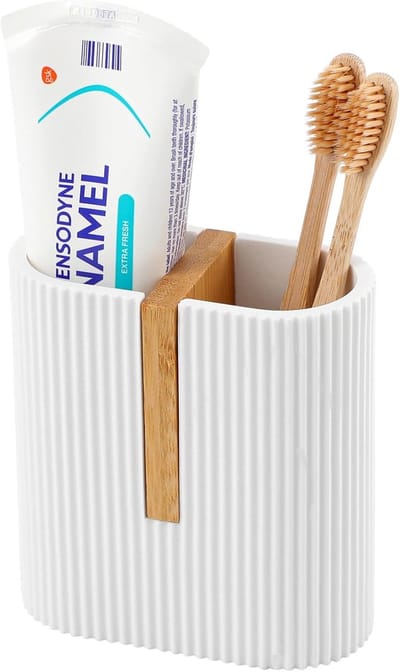 rejomiik Tandenborstelhouder Mat Wit - Elektrische Tandenborstel Houder met Bamboe - Tandpasta Organizer voor Badkamer, Wastafel en Aanrecht