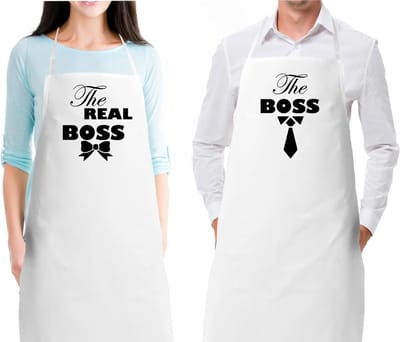 mijncadeautje - keukenschort - kookschort - The Bos en The Real Boss - set van 2 stuks - wit - 100% katoen - voor hem en haar