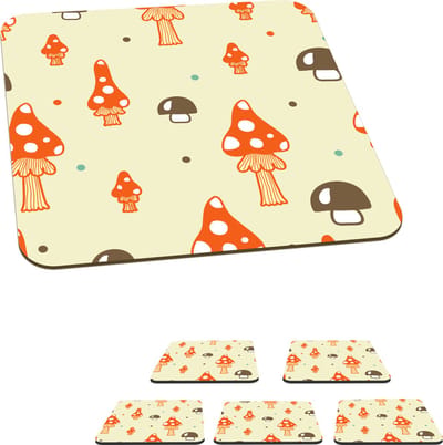 Onderzetters voor glazen - Patronen - Paddestoel - Oranje - 10x10 cm - Glasonderzetters - 6 stuks