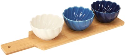 Tapasset met keramiek kommen op dienblad blauw en wit 40×10cm