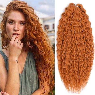 Haarextensies, 3 verpakkingen, 55 cm, oranje, watergolf, gehaakte haarverlenging, gehaakte haarstukjes, synthetische vlechten, gehaakt haarextensies