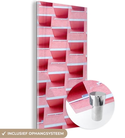 MuchoWow® Glasschilderij 20x40 cm - Schilderij acrylglas - Roze - Balkon - Zomer - Architectuur - Foto op glas - Schilderijen