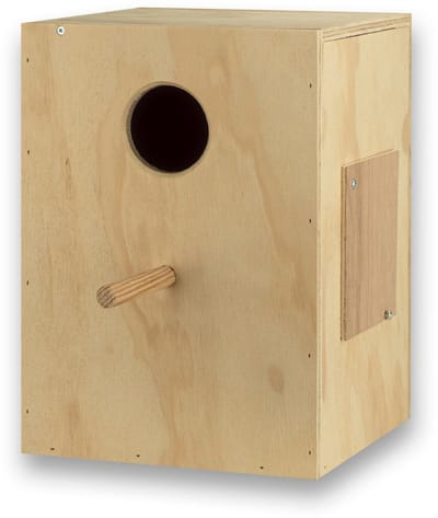 Broedblok pruimkopparkiet - Vogelhuisje - Nestkastje - Vogel Huis - Kijkluik links tov invlieggat - Broedblokken voor parkieten - Nesten - Nestkasten / vogelhuisjes - Pruimkopparkiet (Psittacula cyanocephala)