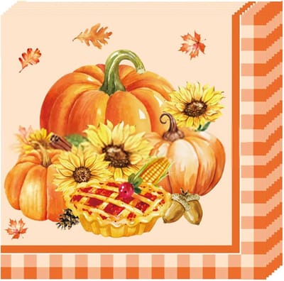 Herfst Servetten met Pompoenen en Bloemen, 20 Stuks, 33 x 33 cm, Perfect voor Thanksgiving Tafelversiering, Feestelijke Herfst Diner Decoratie, Papieren Servetten met Diverse Ontwerpen