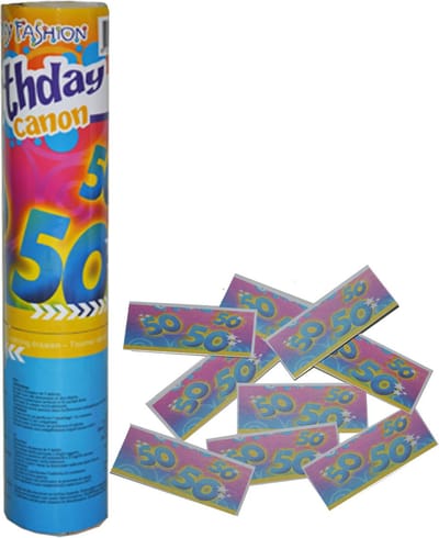 Funny Fashion confetti shooter/kanon - verjaardag 50 jaar - papier - multi kleuren - 20 cm - leeftijd feestartikelen