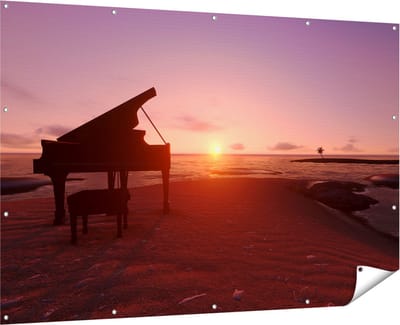 Gards Tuinposter Piano op het Strand bij Zonsondergang - 180x120 cm - Tuindoek - Tuindecoratie - Wanddecoratie buiten - Tuinschilderij