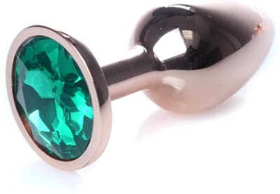 Power Escorts - Unieke Rose Goud kleurige Plug - Anaal Plug - Buttplug Green stone - Anal Plug met groene steen - ideale formaat - 7 CM en lekkere Dia 2,7 cm - met makkelijke bewaar zak