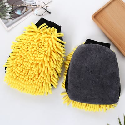 Autowashandschoenen - 2 stuks - Microvezel autowashandschoenen - Zachte krasbestendige verdikte chenille autowashandschoenen - Lange pool enkelzijdig - Waterabsorberende reinigingsset - Auto wassen/waxen/afvegen/decontaminatie - 20x25cm - geel