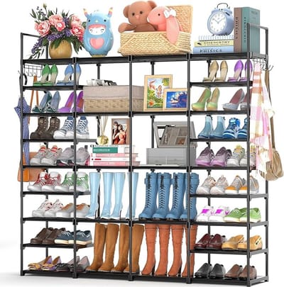 Schoenenrek met 9 Niveaus - Groot Metalen Schoenenrek voor 64-72 Paar Schoenen - 4 Rijen Schoenenkast met Haken - Staande Schoenen Organizer voor Hal, Woonkamer en Kleedkamer