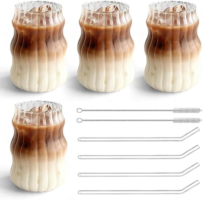 Set van 4 Latte Macchiato Glazen 530 ml - Cappuccino Glazen voor Koffie, Thee en IJs, Inclusief 4 Rietjes en 2 Reinigingsborstels