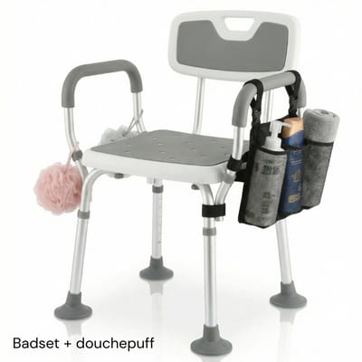 BY JRM® Douchestoel - Douchekruk - Incl. badset, douche puff en douchekophouder - Met Armleuning - Hoogte Verstelbaar - Antislip - Grijs