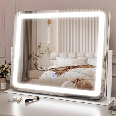 ROLOVE Make-upspiegel met verlichting, grote verlichte make-upspiegel, verlichte spiegel met intelligente aanraking, 3 kleuren dimbaar, tafelspiegel voor make-upbureau,