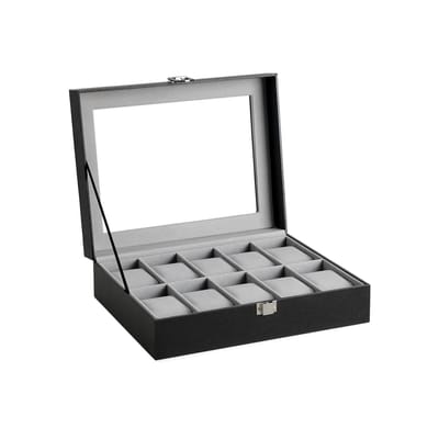 Horlogedoos Sieradendoos Horlogedisplaydoos met metalen sluiting, glazen deksel, 10 vakjes en afneembare horlogekussentjes 21 x 25 x 8.5 cm Zwart exterieur + grijze voering