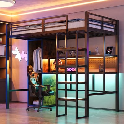 KOMHTOM - Metalen hoogslaper - 90 x 200 cm - verticale trap - met groot bureau met insteekbord - meerkleurige LED-lichtstrip - plank met één niveau - eenpersoons kledingkast - eenpersoonsbed - zwart