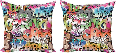 ABAKUHAUS Urban Graffiti Kussenhoes Set (2 stuks), Blockbuster Keywords, 40 cm, veelkleurig