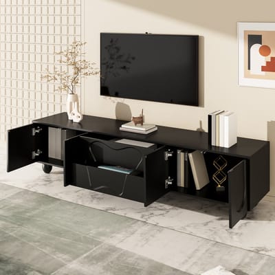 DESMIU Tv Meubel - Minimalistisch Design Met Veel Opbergruimte - Voor Woonkamer En Kleine Ruimtes - Spaanplaat Met Houten Poten - 180x40x42 Cm - Zwart
