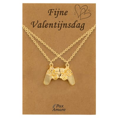 Koppel Ketting voor 2 'Fijne Valentijnsdag' - Controller - Vriendschapsketting op Cadeau Kaartje - 45cm + 5cm verstelbaar - Goudkleurig - BFF Hanger - Pax Amare