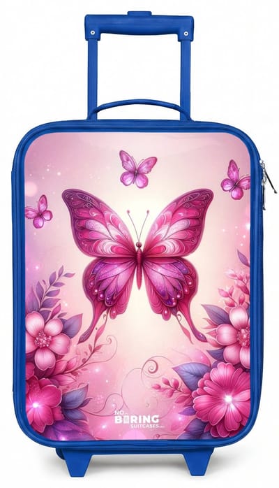 NoBoringSuitcases.com® - Kinderkoffer blauw - Kindertrolley jongen - Vlindervallei - Koffer kind lichtgewicht - Reiskoffer trolley voor kinderen - Koffertje met lichtgevende wieltjes - Rolkoffer
