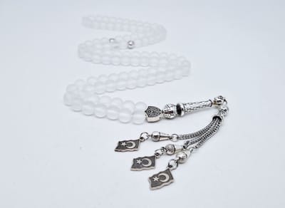 Handgemaakte tesbih "Tasbih" natuursteen "Selenite" - Aantal kralen 99 - Diameter kralen 8MM - met metaal tassel "Turkiye" - Een mooi cadeau-idee
