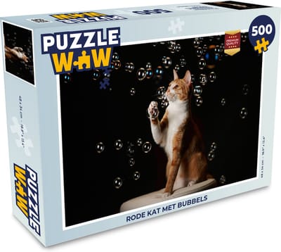 Puzzel Rode kat met bubbels - Legpuzzel - Puzzel 500 stukjes