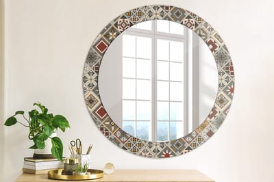 Wallfluent Bedrukte Ronde Spiegel - Ronde Spiegel Lijst Met Print Turks Patroon - 70 cm / 56 cm - Veelkleurig - Veelkleurig Ronde Spiegel Met Print - Slaapkamerspiegel - Badkamerspiegel - Gang - Kleedkamer - Eenvoudige montage