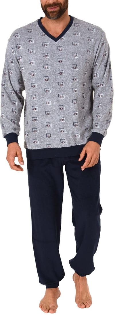 Heren badstof pyjama lang met manchetten in elegante minimale opdruk - 202 101 13 454