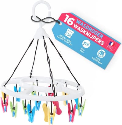 Wasknijpers met 16 zachte clips in diverse kleuren