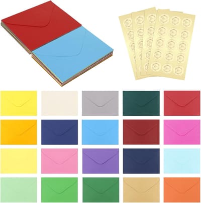 Verpakking met 60 gekleurde enveloppen, 15,9 x 10,9 cm, 20 kleuren, met 60 gouden stickers, kleurrijke enveloppen, geschikt voor verjaardags-, huwelijks- en feestcadeaukaarten
