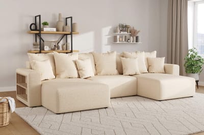 hoekbank cuddle bouclé XL U vorm- hoeksalon beige teddystof - met bed en opbergruimte- zetelsenbedden
