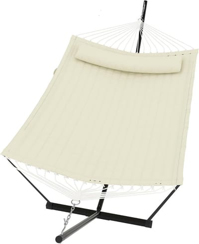 Hangmat met Standaard - 2-Persoons Hangmat - Inclusief Kussen en Balanstouw - Belastbaar tot 205 kg - Dubbele Hangmat voor Buiten - Tuin & Terras - beige