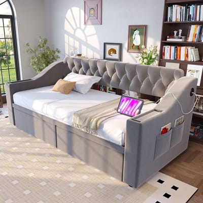 Wishdor Slaapbank 90x190 cm - Opberglades, USB & Type-C - Fluwelen bekleding - Lichtgrijs - Jouw relaxte zit- en slaapplek met opbergruimte
