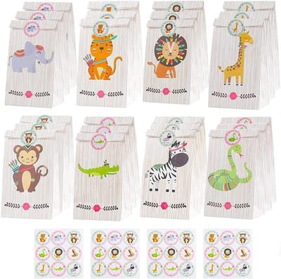 Dierenthema Feesttassen - 24 Stuks, 8 Stijlen, Kraft Papier met 36 Dier Stickers voor Kinderfeestjes, Verjaardagen en Feestdagen