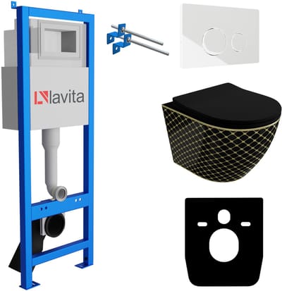 LAVITA® Inbouwreservoir Complete Toiletset LAV 101 - Inbouw WC Hangtoilet Wandcloset SOFI BLACK NIGHT BLACK Zwart Mat - Bedieningsplaat 200.4.1 Wit - Voorwandelement voor toilet 40cm - Installatiesysteem