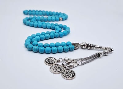 Handgemaakte tesbih "Tasbih" natuursteen "Turkoois" - Aantal kralen 99 - Diameter kralen 8MM - met metaal tassel "Qul aeuidh biallah" - Een mooi cadeau-idee