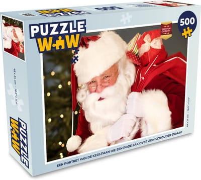 Puzzel Een portret van de Kerstman die een rode zak over zijn schouder draagt - Legpuzzel - Puzzel 500 stukjes - Kerst - Cadeau - Kerstcadeau voor mannen, vrouwen en kinderen