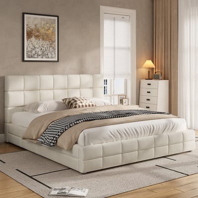 MODFU Gestoffeerd Platformbed Met Hoofdbord - Minimalistisch - MDF En Multiplex - Beige - 180 X 200 Cm