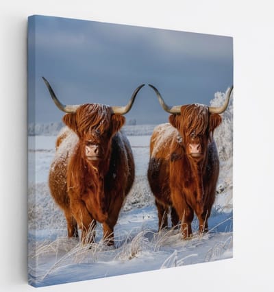 Saammp Canvas Schilderij - Groep Schotse Hooglander Koe - Landschap - Dieren - Natuur - 20x20 - Foto op canvas - Wanddecoratie - muurdecoratie Woonkamer - Slaapkamer decoratie - Canvas Print