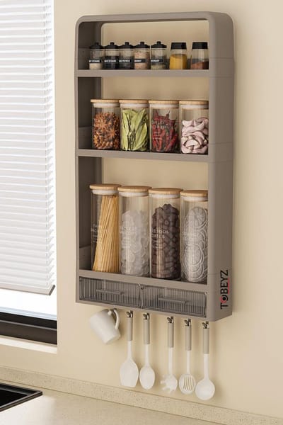 Wandplank Badkamer en Keuken - 3-Lags Wandrek - met 2 Lades & 6 Haken - Boorvrije Opbergplank - 71x40x10cm - Bad-en Keukenorganizer – Beige