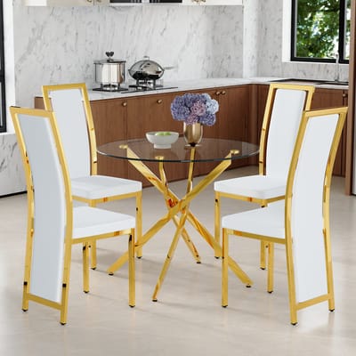 MODENUIT Ronde Eettafel 88 cm - Gehard Glas Met 4 Stoelen - Voor Eetkamer en Open Keuken - Glas Metaal PU Leer - Wit Goud