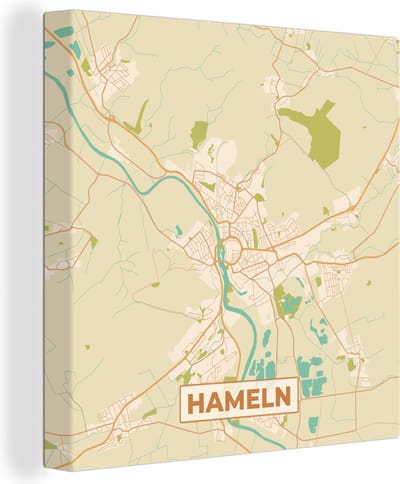 Canvas Schilderij Hameln - Plattegrond - Vintage - Kaart - Stadskaart - 20x20 cm - Wanddecoratie