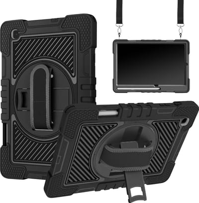 Avizar Hoesje Geschikt voor Samsung Tab S6 Lite Anti-schok handvat + Crutch Schouderriem, Zwart