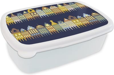 Broodtrommel Wit - Lunchbox - Brooddoos - Patronen - Huizen - Gebouw - 18x12x6 cm - Volwassenen