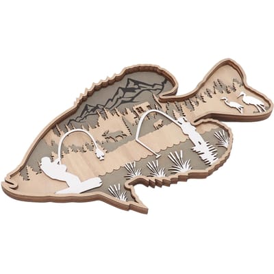 Figurine de Poisson Creusé en Bois Boîte Multicouche en Bois de Buis Décorative Poisson Creusé Rayé en Bois pour Maison Bureau Cantine Bar beige