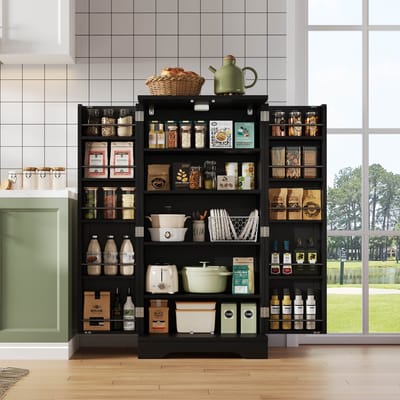 Keukenkasten Opbergkast - Vrijstaande Keuken Opbergkast met 2 Deuren - Met LED-verlichting - 60x40x120cm - Geschikt voor de eetkamer of woonkamer - Zwart
