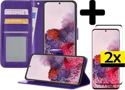 Hoesje - Met 2x Screenprotector - Geschikt voor Samsung Galaxy S20 - Luxe Pasjeshouder - Bookcase Portemonee - Flip Case - Kunstleer Book Case - Flipcase Hoes - Book Cover - Walletcase - Portemonneehoes - Telefoonhoesjes - Paars